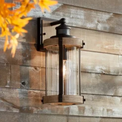 John Timberland Stan Rustic Farmhouse Outdoor Wall Light Fixture Gray Faux Wood Black Motion Sensor 15 1/2" Clear Ribbed Glass For Post Exterior Barn -Modern Lighting Store GUEST 19d9bd87 d433 4562 bf32 00d2c98607fc