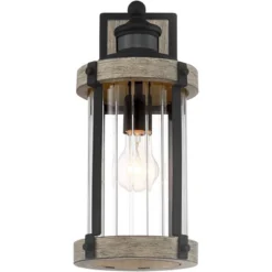John Timberland Stan Rustic Farmhouse Outdoor Wall Light Fixture Gray Faux Wood Black Motion Sensor 15 1/2" Clear Ribbed Glass For Post Exterior Barn -Modern Lighting Store GUEST 2f74f269 b2e9 494e 8866 b91f26316226
