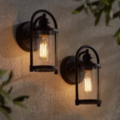 John Timberland Rustic Farmhouse Outdoor Wall Light Fixtures Set Of 2 Black 10 1/4" Clear Glass For Exterior Barn Deck House Porch Yard Patio Outside -Modern Lighting Store GUEST 33c1594c c33f 4ad8 bcb3 6f9435a8a0c3