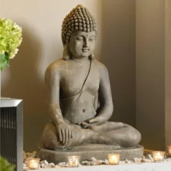 John Timberland Sitting Buddha Statue Sculpture Zen Decor Outdoor Garden Front Porch Patio Yard Outside Weathered Light Sandstone Finish 29 1/2" Tall
