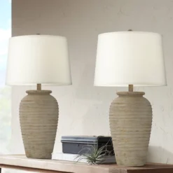 John Timberland Austin 28" Tall Jug Southwest Farmhouse Rustic Table Lamps Set Of 2 Sand Toned Ridged Finish Cream Shade Living Room Bedroom Bedside
