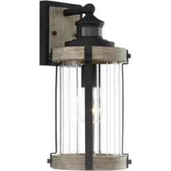 John Timberland Stan Rustic Farmhouse Outdoor Wall Light Fixture Gray Faux Wood Black Motion Sensor 15 1/2" Clear Ribbed Glass For Post Exterior Barn -Modern Lighting Store GUEST 8e535a05 849f 45dd 97a9 a0c97c6cd0b7