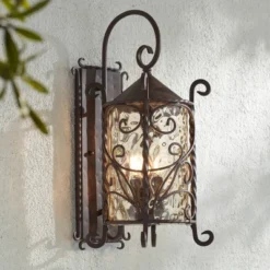 Modern Lighting Store 12 John Timberland Casa Seville Vintage Rustic Outdoor Wall Light Fixture Dark Walnut Scroll 23 3/4" Champagne Hammered Glass For Post Exterior Barn Deck