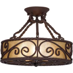 John Timberland Natural Mica Rustic Ceiling Light Semi Flush Mount Fixture 15" Wide Deep Walnut Scroll 3-Light Drum Shade For Bedroom Living Room Home -Modern Lighting Store GUEST be0b88f4 ad37 4755 b986 df767523fdb2