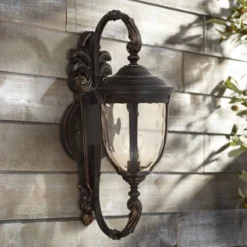 John Timberland Bellagio Vintage Rustic Outdoor Wall Light Fixture Veranda Bronze 26" Amber Hammered Glass For Post Exterior Barn Deck House Porch