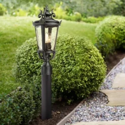 John Timberland Traditional Outdoor Post Light Fixture LED Matte Black 32 1/2" Champagne Hammered Glass House Patio Garden Yard