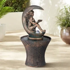 John Timberland Crescent Moon Modern Bubbler Outdoor Floor Water Fountain With LED Light 34" For Yard Garden Patio Home Deck Porch Exterior Balcony