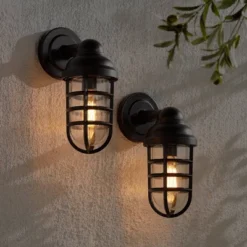 John Timberland Marlowe Industrial Outdoor Wall Light Fixtures Set Of 2 Bronze Metal Cage 13 1/4" Clear Glass For Post Exterior Barn Deck House Porch -Modern Lighting Store GUEST eaf0043e 3f61 4081 85a5 d2715d324e33